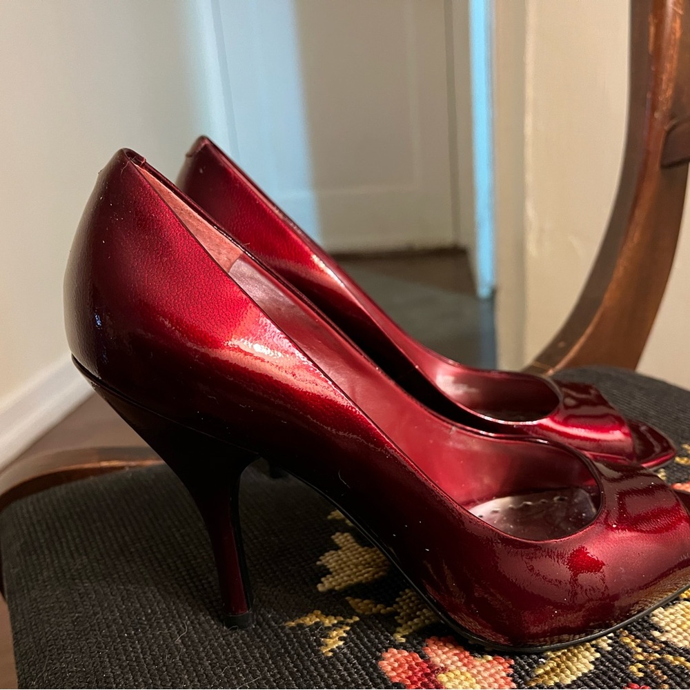 BCBGirls Shiny Juicy Pomegranate Red Peep Toe Patent Leather Heels